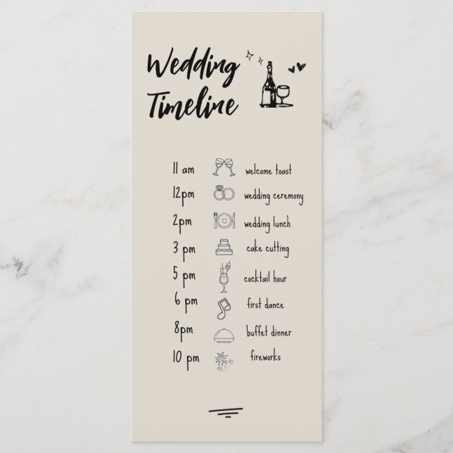 Menú Retro Grey Hand Drawn Illustrated Wedding Timeline (Anverso)