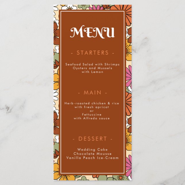 Menú Retro Groovy Seventies Boda hippie floral de marga (Anverso)