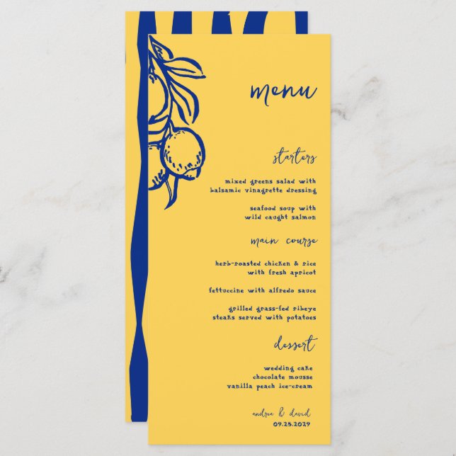 Menú Retro Hand Drawn Handwritten Blue Italian Wedding (Anverso / Reverso)