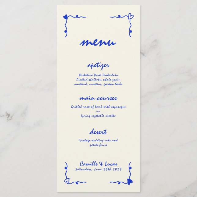 Menú Retro manuscrito Whimsical Blue Boda (Anverso)