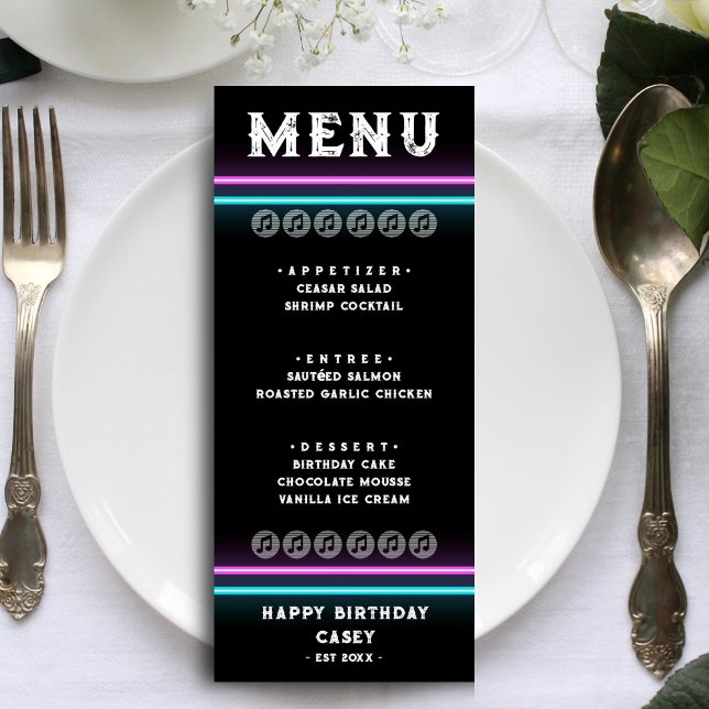 Menú Retro Neon Pink & Blue Striped Cumpleaños Cena (Retro Neon Pink & Blue Striped Birthday Dinner Menu)