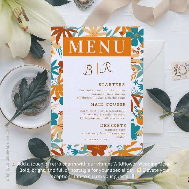 Menú Retro Resumen Brillante Negrita Boda de Flor Silve (Elevate your reception with vibrant nostalgia! 🌿💍)