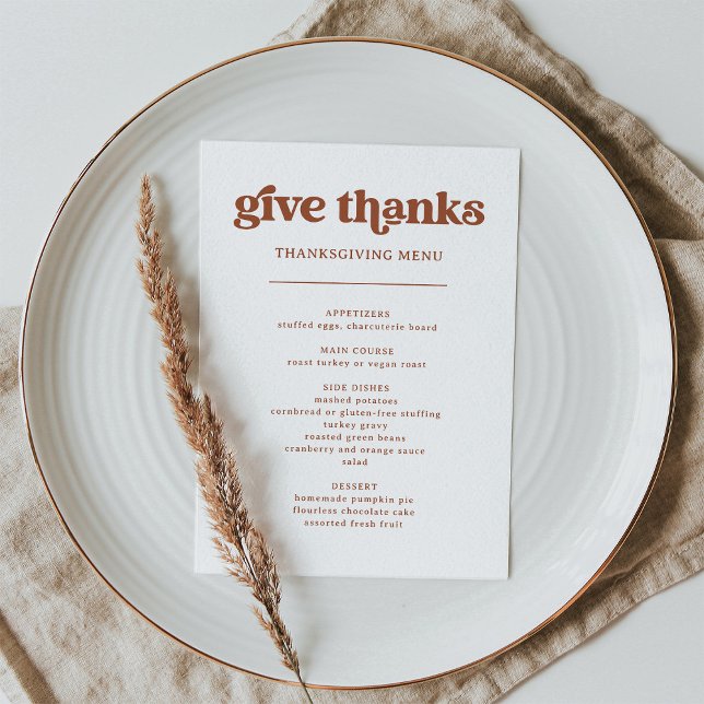 Menú Retro y Boho | Cena de Acción de Gracias (A retro and boho style Thanksgiving dinner menu in terracotta and white)