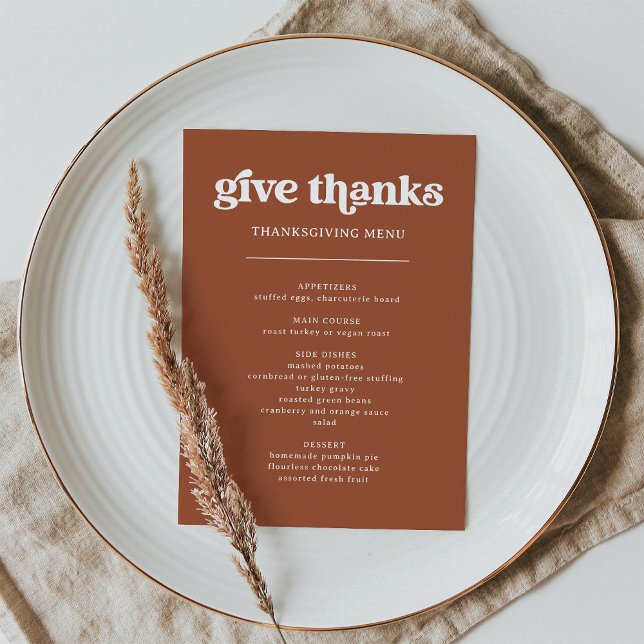 Menú Retro y Boho Terracotta | Cena de Acción de Gracia (A retro and boho style Thanksgiving dinner menu in terracotta)
