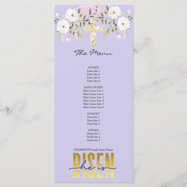 Menú Risen Religiosa Cristiana Cita Lavender Pascua (Anverso)