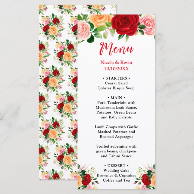 Menú Romantic Roses FloralRomantic Red and Oran Wedding (Anverso / Reverso)