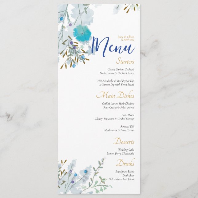 Menú Romántico, azul y oro, Boda floral (Anverso)