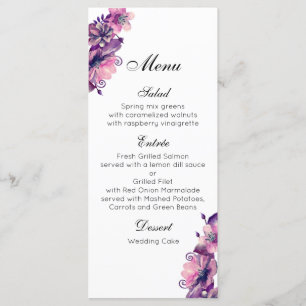 Menú romántico boda rosado. Menú de cena morado