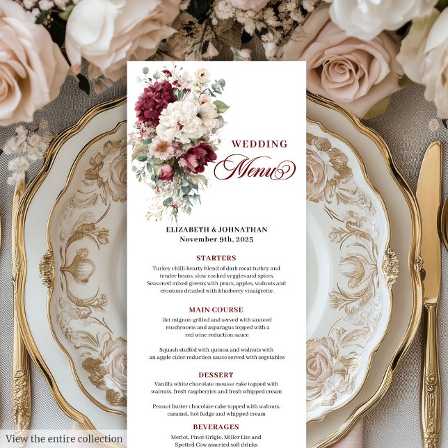 Menú Romántico Boho Borgoña Boda Rosa Blanca (Romantic Boho Burgundy White Rose Wedding Menu)