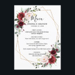Menú Romántico Borgoña Rojo Rosa Rubor Floral Geométric<br><div class="desc">Elegante y moderno carta de boda floral con acuarela geométrica, romántica y romántica, con ramo de burdeos / marsala, rosas color rosa rubor, morado, acuarela de melocotón con follaje a juego. Perfecto para un boda de otoño/verano medio. Encontrará más diseños y variaciones de mi tienda "blissweddingpaperie". Y no dudes en...</div>