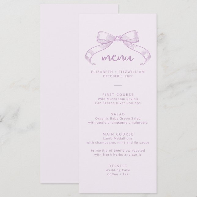 Menú Romántico Bow | Lilac Background Boda (Anverso / Reverso)