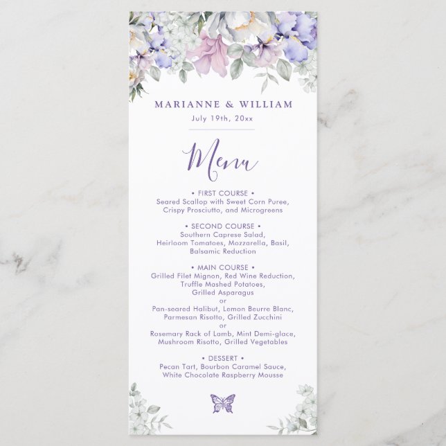Menú Romántico Delicate Floral Lavanda Boda Cena (Anverso)