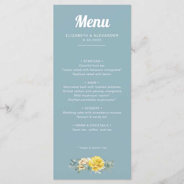 Menú Romántico elegante rosas amarillas boda acuarela (Anverso)