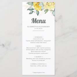 Menú Romántico elegante rosas amarillas boda acuarela