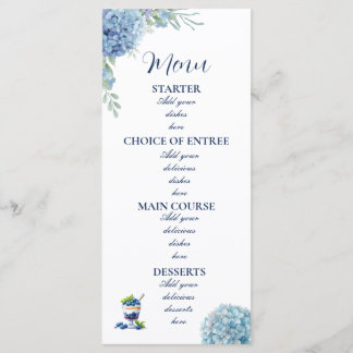 Menú Romántico polvo azul Hortensia Acuarela Boda