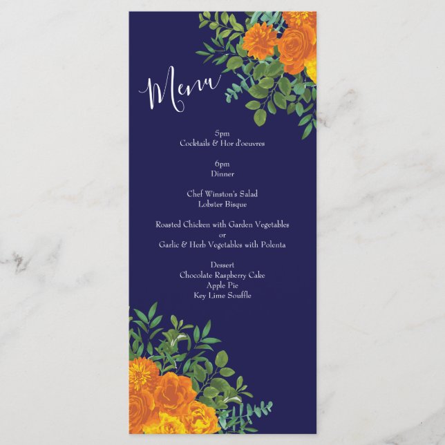 Menú Rosa azul y Naranja Boda Floral Moderno (Anverso)