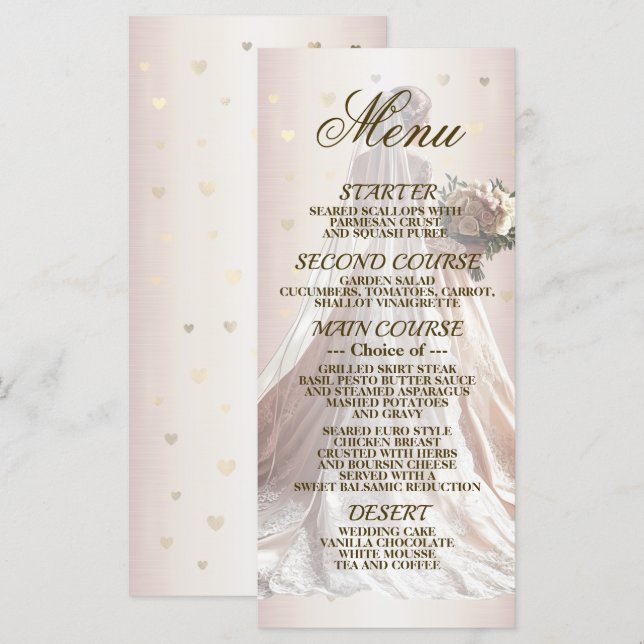 Menú Rosa Boda de Invierno Novia Corazones brillantes d (Anverso / Reverso)