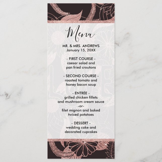 Menú Rosa de amor Purpurina de oro Girly Flores Patrón (Anverso)