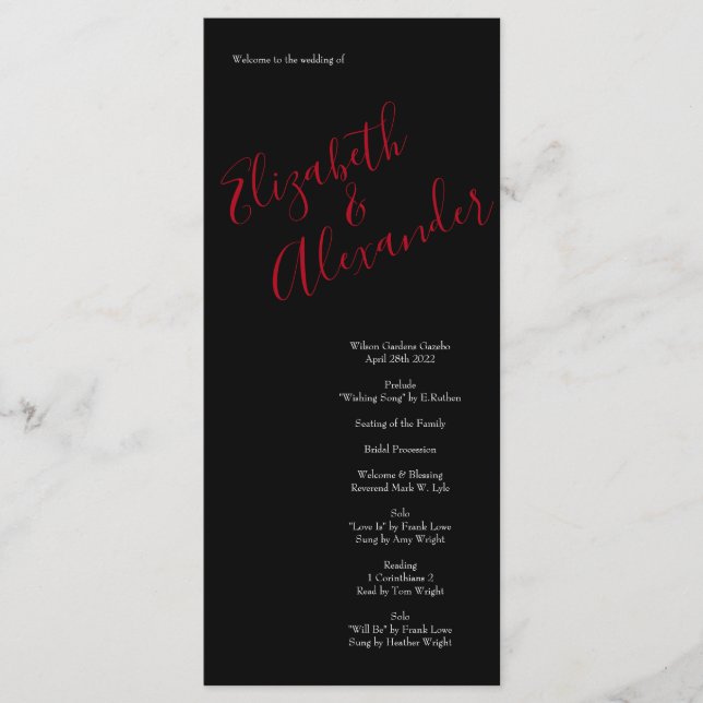 Menú Rosa de Boda floral Black and Red Peony (Anverso)