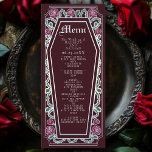 Menú Rosa de Boda rojo del féretro gótico plateado<br><div class="desc">Añade un toque de elegancia gótica a tu fiesta con estos menús bodas con un marco en forma de ataúd, adornado con espinas, rosas y acentos plateados con un rico fondo rojo. Ideal para una cena romántica. Personalice el texto, la fuente y el color de fondo para que se ajusten...</div>