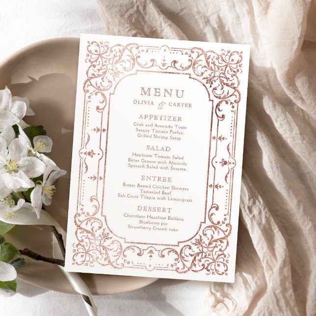 Menú Rosa de oro elegante romántico adorno de bodas vin (Rose gold elegant romantic ornate vintage wedding menu)
