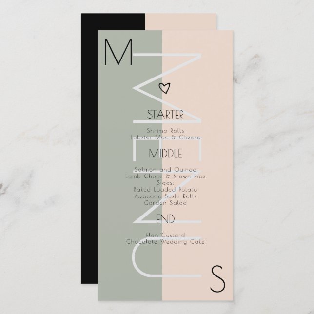 Menú rosa de sabio Boda del corazón monogramado (Anverso / Reverso)