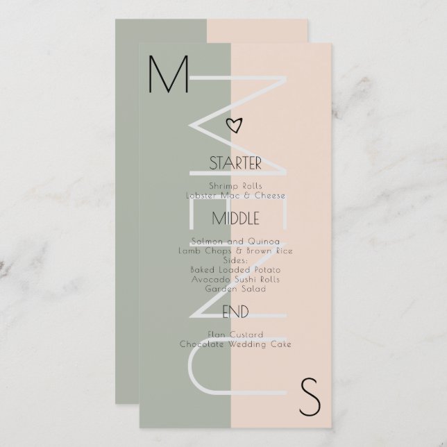 Menú rosa de sabio Boda del corazón monogramado (Anverso / Reverso)