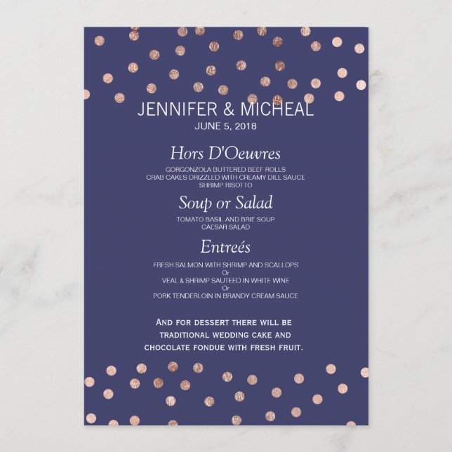 Menú Rosa Dots Gold Polka Light Navy Boda Azul (Anverso)