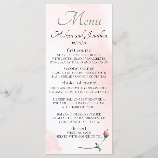 Menú Rosa Floral Elegante Boda Rosa Sonrojada (Anverso)