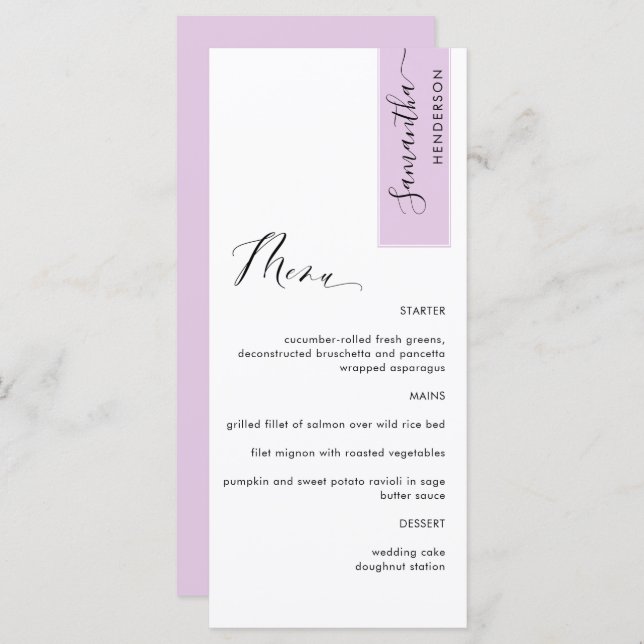 Menú Rosa Lilac personalizado con nombre de invitado el (Anverso / Reverso)