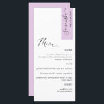 Menú Rosa Lilac personalizado con nombre de invitado el<br><div class="desc">¿Por qué gastar en las tarjetas del lugar y las tarjetas del menú cuando se puede tener un elegante menú todo en uno personalizado con el nombre de cada huésped o el nombre del invitado de honor? Diseño contemporáneo, sencillo y elegante con una caligrafía escrita a mano. La franja de...</div>