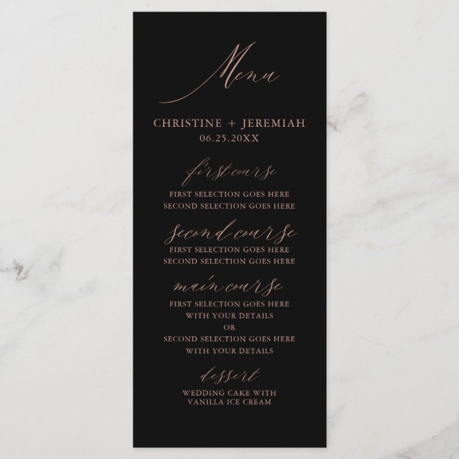 Menú Rosa negro moderno  oro elegante Boda de guiones (Anverso)