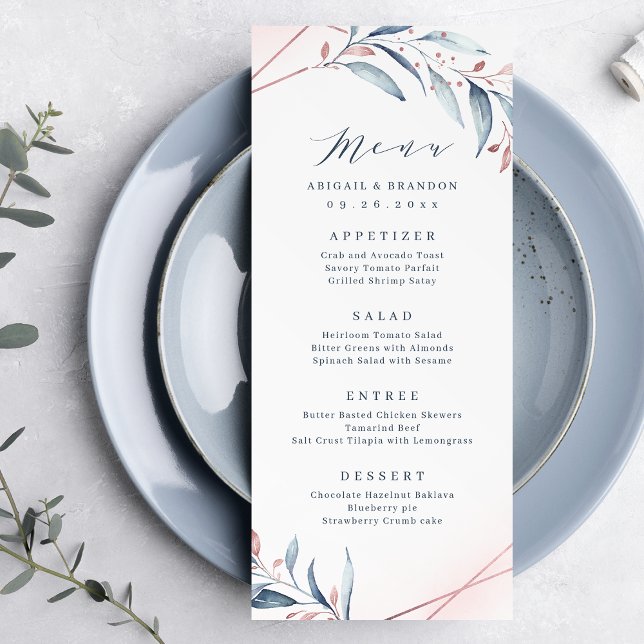 Menú Rosa Oro Dusty Blue Greenery Boda Geométrico (Rose Gold Dusty Blue Greenery Geometric Wedding Menu)