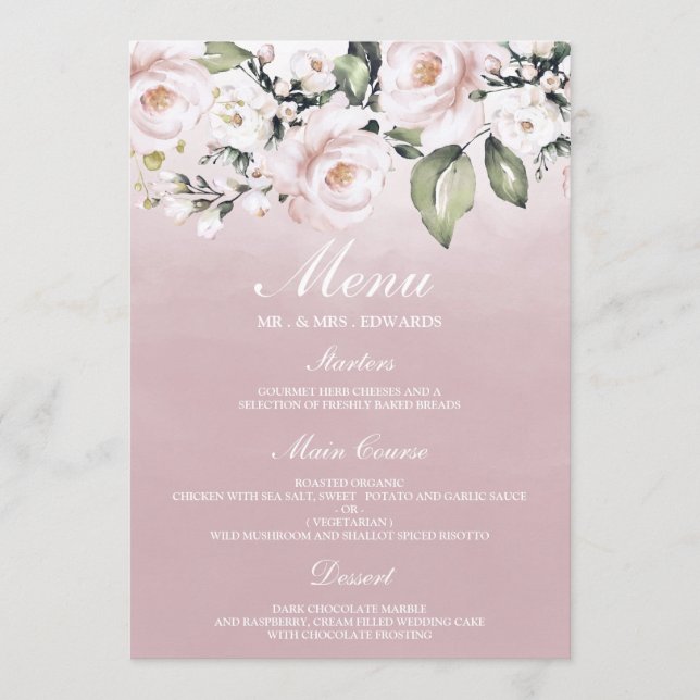 Menú Rosa Polvo Rosa Acuarela Cumpleaños Boda  (Anverso)