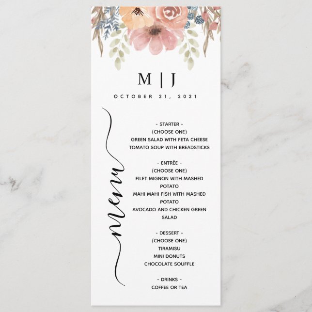 Menú Rosa Polvo Vintage Boda Floral (Anverso)