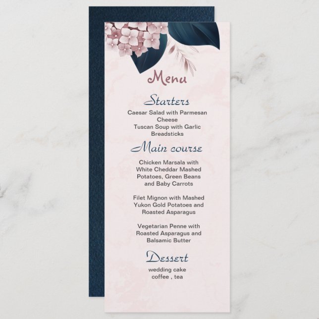 Menú rosa polvoriento flores rosadas hojas de la marina (Anverso / Reverso)