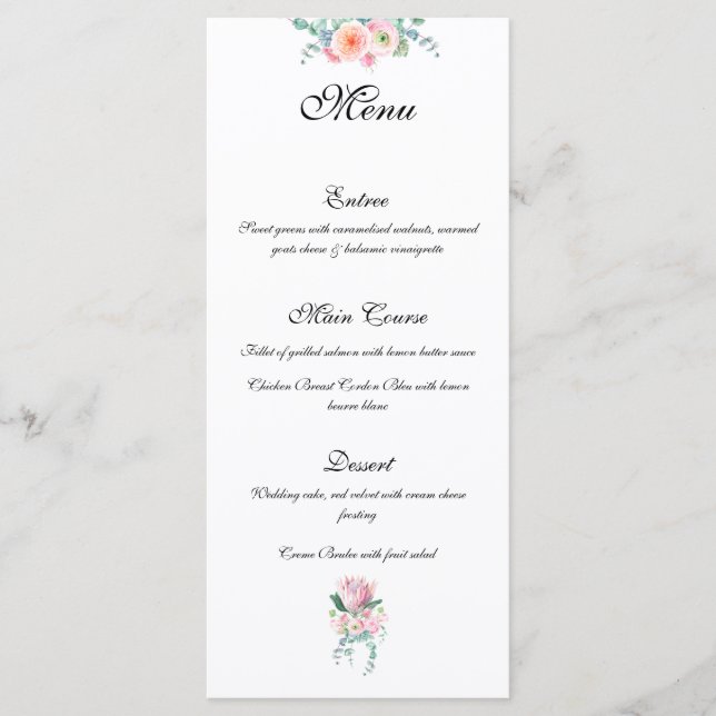 Menú Rosa Protea Rey Acuarela Pastel Elegante Boda (Anverso)