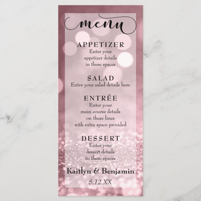 Menú Rosa Purpurina Dorado Bokeh & Typography Boda (Anverso)