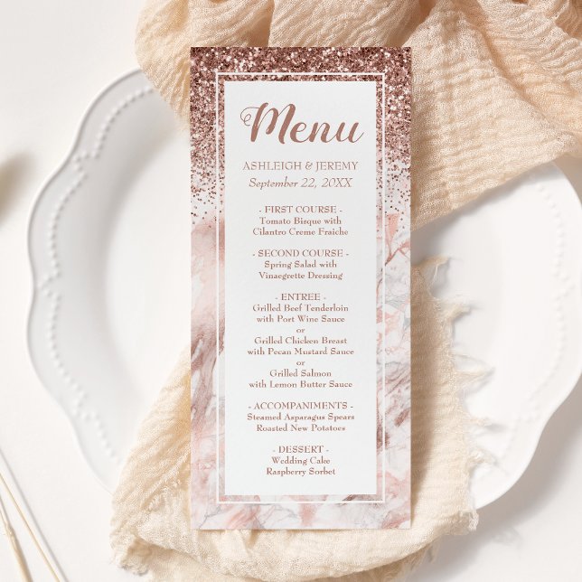 Menú Rosa Purpurina Faux Marble Script Boda (Subido por el creador)