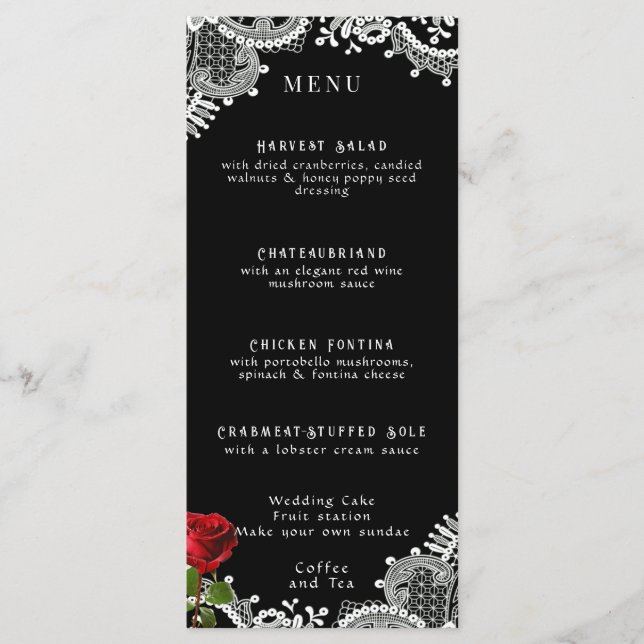 Menú Rosa Roja Hermosa Boda de encaje blanco (Anverso)