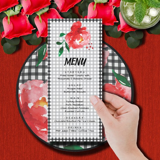 Menú Rosa Roja sobre Black and White Gingham Check Derb (Red rose on black and white gingham Derby part menu cards (plates sold separately))