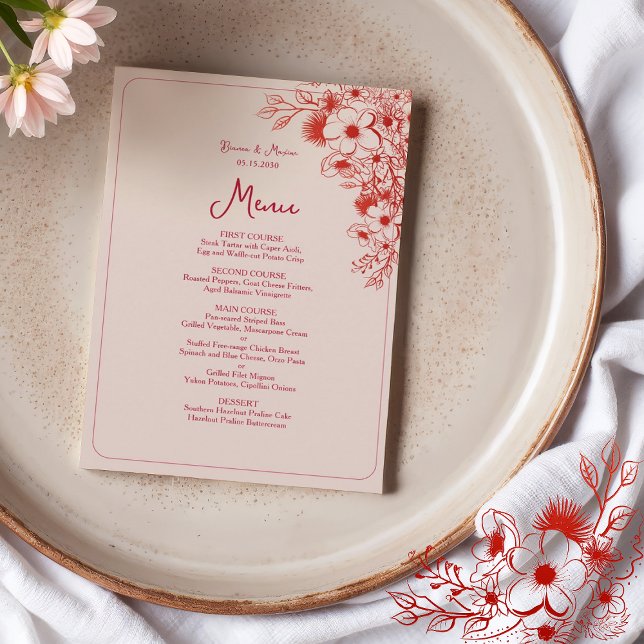 Menú Rosa Rojo Floral Elegante Boda (Subido por el creador)