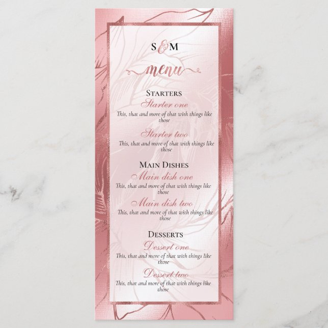 Menú Rosa rosa polvoriento oro rosa elegante boda clási (Anverso)