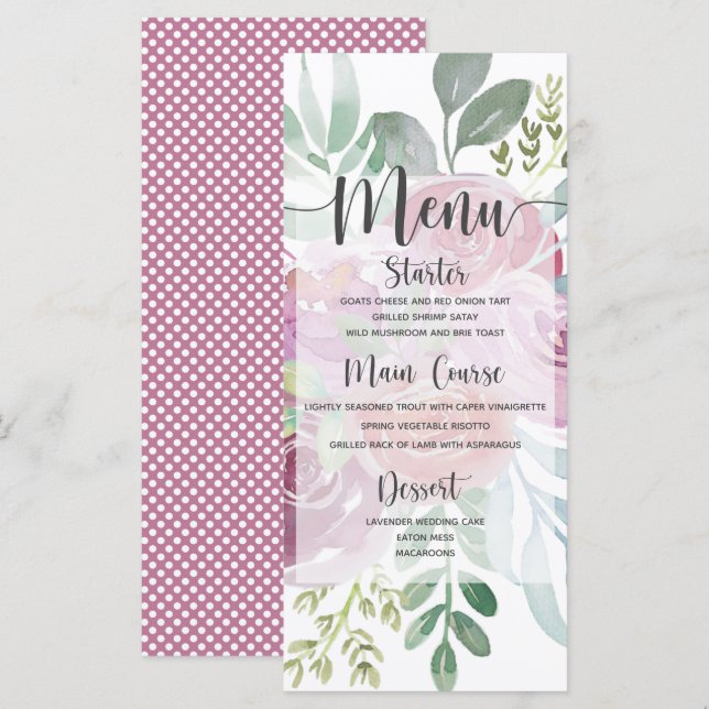 Menú Rosa y Boda de Borgoña de una acuarela rústica (Anverso / Reverso)