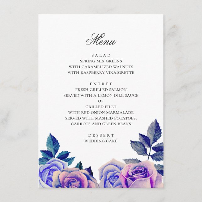 Menú Rosas azules y morados. Boda floral acuarela (Anverso)