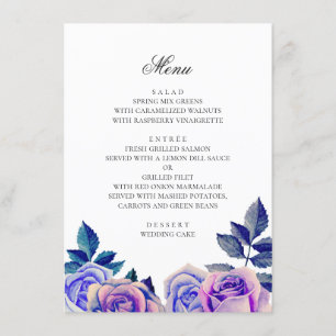 Menú Rosas azules y morados. Boda floral acuarela