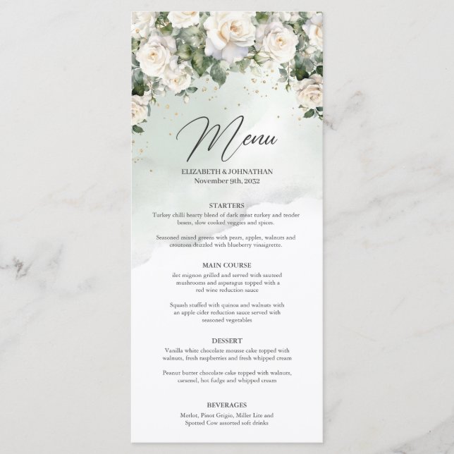 Menú Rosas blancas de boho romántico y cena dorada de v (Anverso)