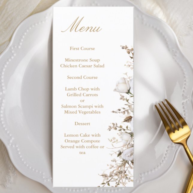 Menú Rosas blancos y dorados Boda botánico elegante (Subido por el creador)