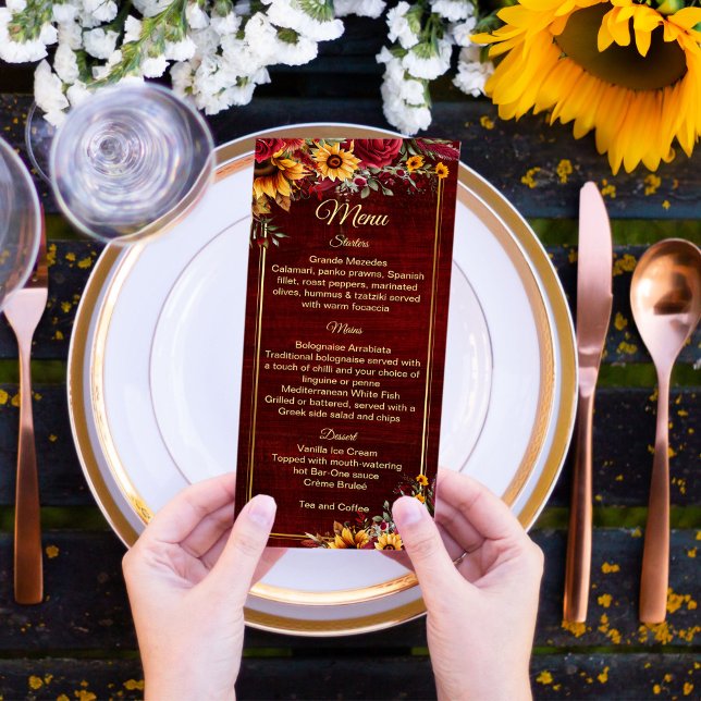 Menú Rosas burdeos de boda otoño girasoles (Sunflower wedding theme menu cards Fall burgundy roses sunflowers printed menu personalized decor)