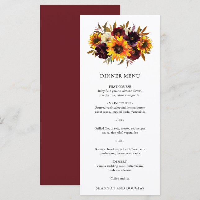 Menú Rosas Caídas Purpura Rojo Girasol Boda Rústica (Anverso / Reverso)